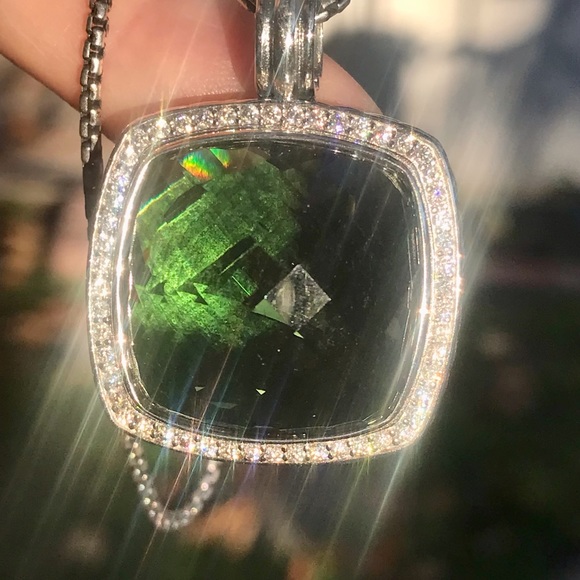 David Yurman 925 Silver Albion 20mm Prasiolite & Diamond Pendant With Chain - Picture 7 of 14